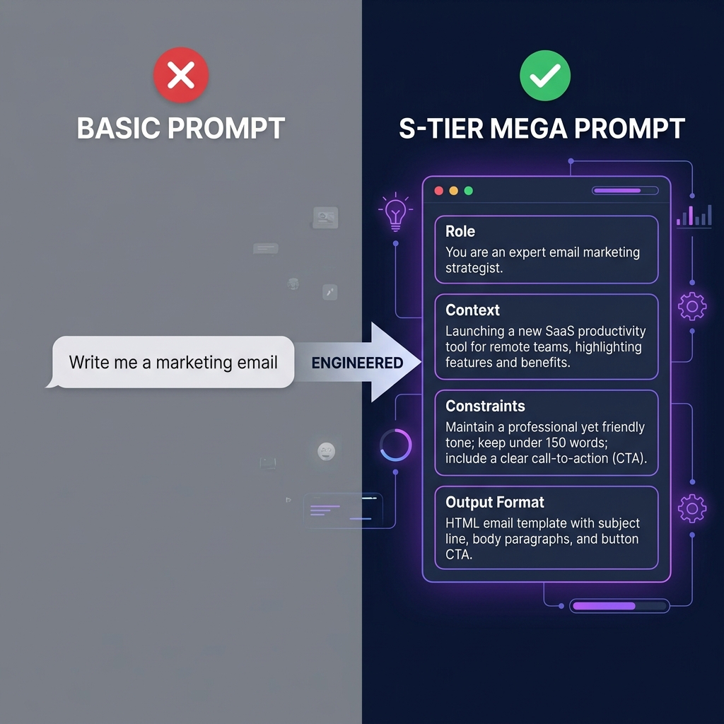 Before and after prompt comparison showing the power of S-Tier engineered prompts